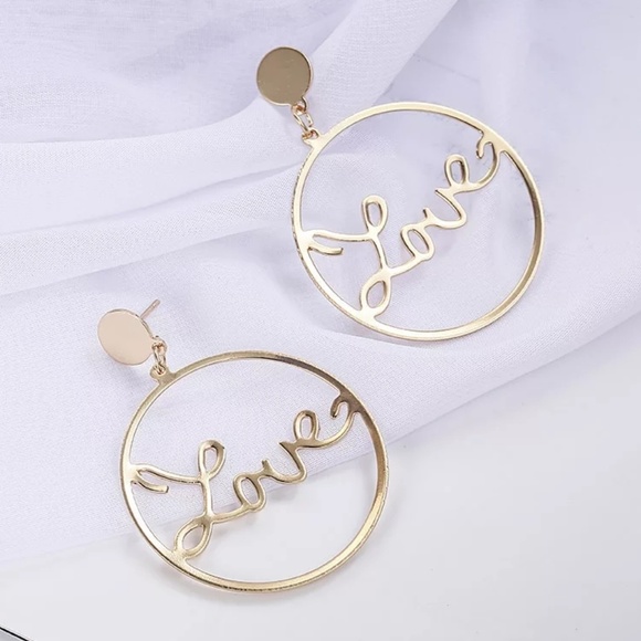 Gold Love Worded Round Hoop Dangle Earrings Cute Statement Jewelry Accessories - Picture 4 of 5